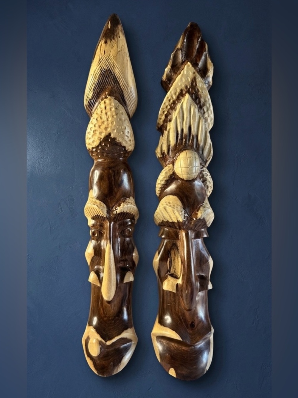 Vintage Hand-Carved African Folk Art Wooden Wall Masks - Set of 2
